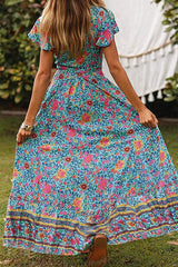 Bohemian Floral Printed Wrap V Neck Short Sleeve Split Beach Party Maxi Dress Sai Feel