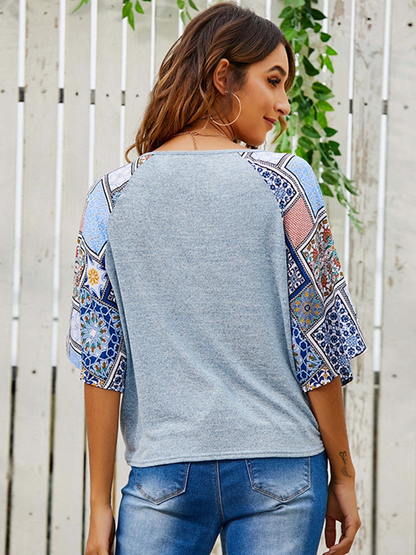 Boho Color Block Knot Front Raglan Sleeves Tee Shirt Sai Feel