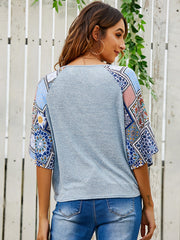 Boho Color Block Knot Front Raglan Sleeves Tee Shirt Sai Feel