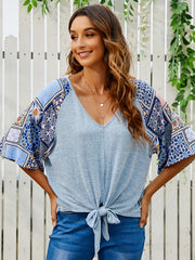 Boho Color Block Knot Front Raglan Sleeves Tee Shirt Sai Feel