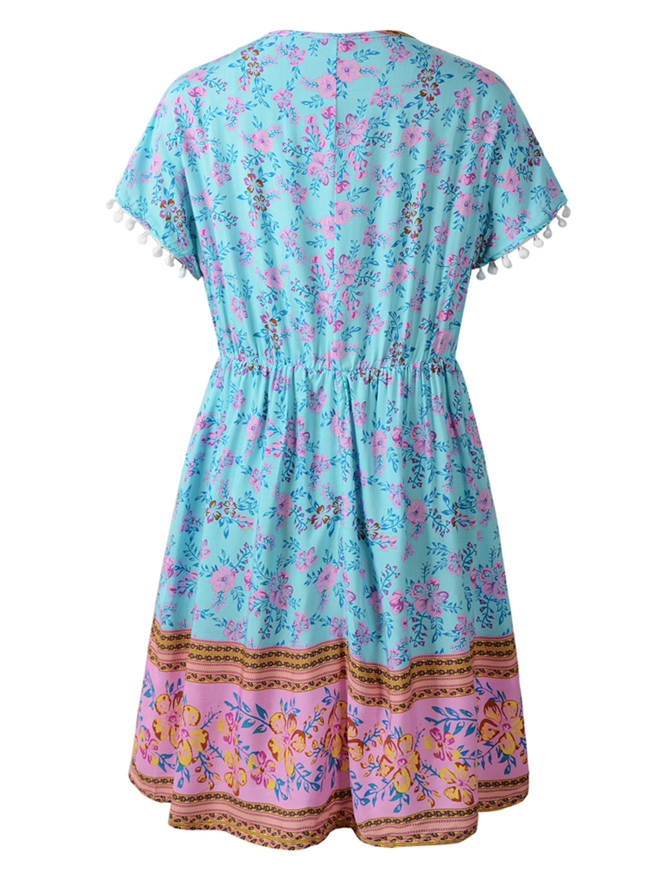 Boho Print Elastic Waist Dress with Pompom Decor Sai Feel