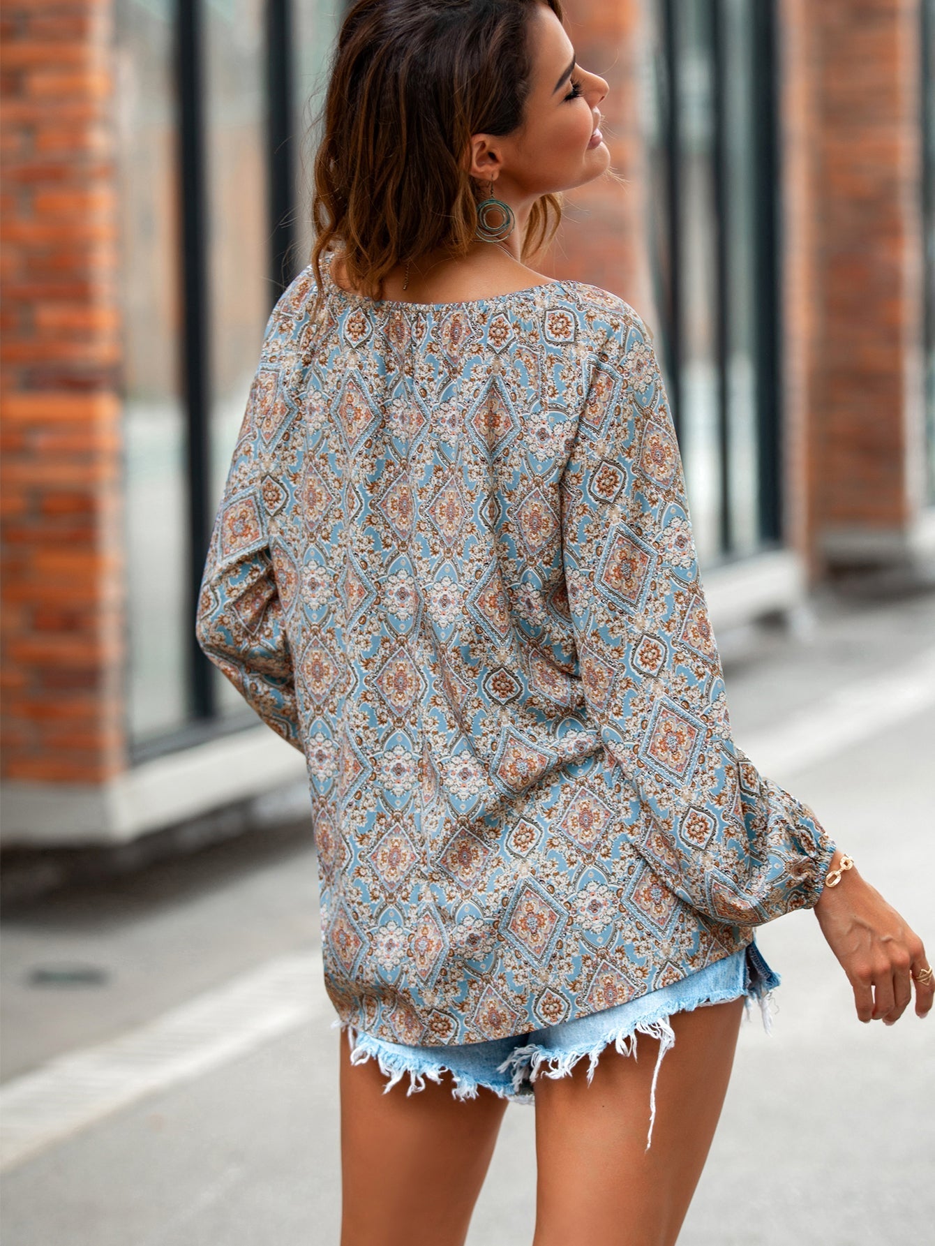 Boho Print Lantern Sleeve Drawstring Tee Sweatshirt Sai Feel