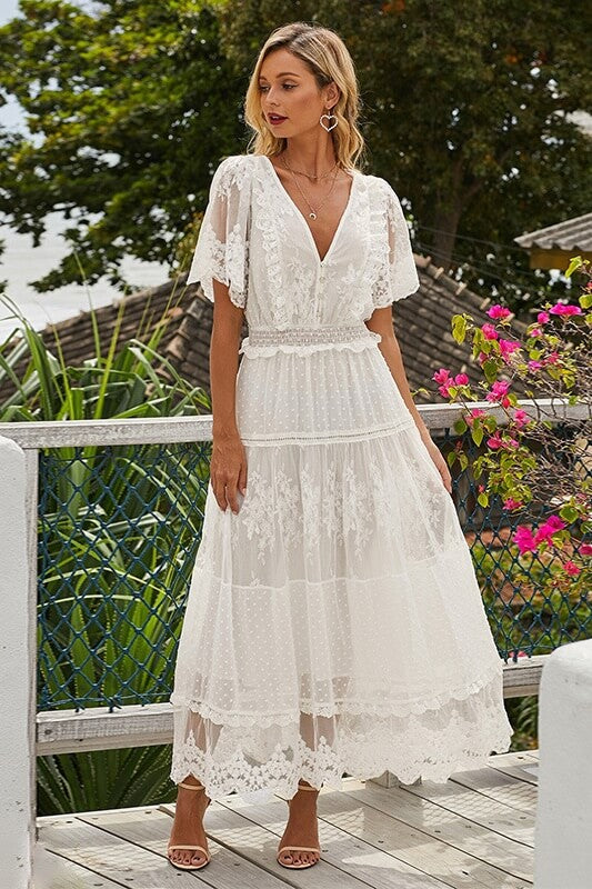 Boho White V-Neck Lace Maxi Dress Sai Feel