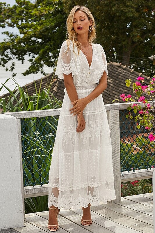 Boho White V-Neck Lace Maxi Dress Sai Feel