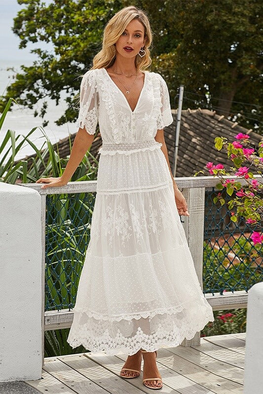 Boho White V-Neck Lace Maxi Dress Sai Feel