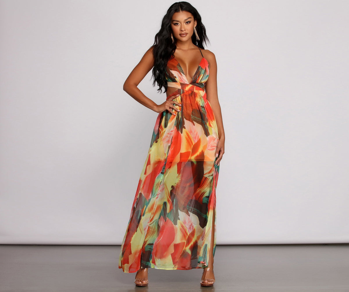 Brighter Vibes Lace-Up Chiffon Maxi Dress Sai Feel