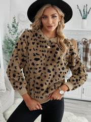 Brown Crewneck Leopard Print Fleece Sweatshirt Sai Feel