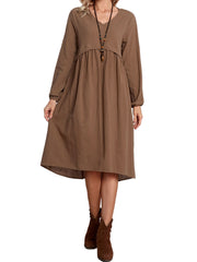 Brown Solid Color Midi V Neck Dress Sai Feel
