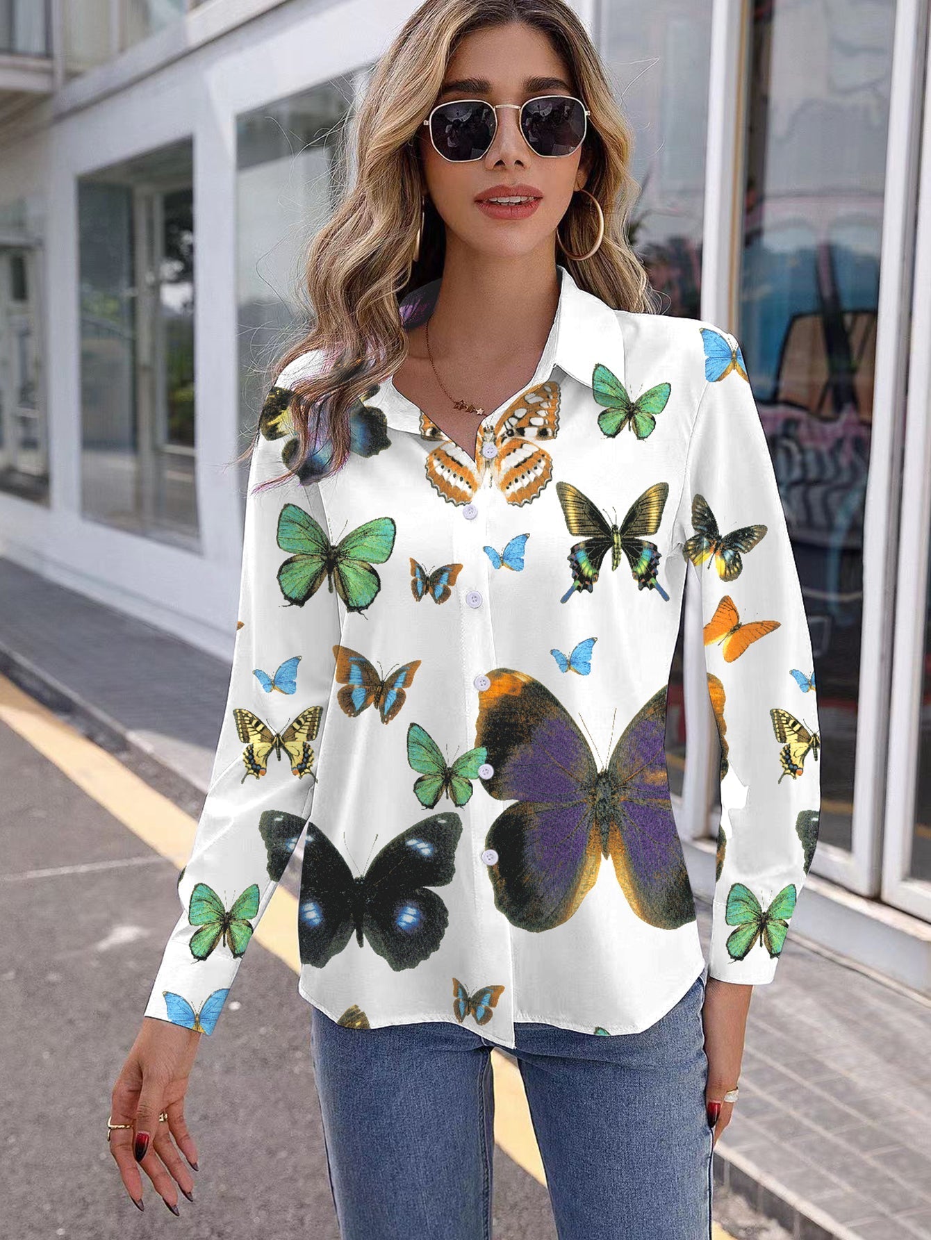 Butterfly Crane Print Button Up Blouse Sai Feel