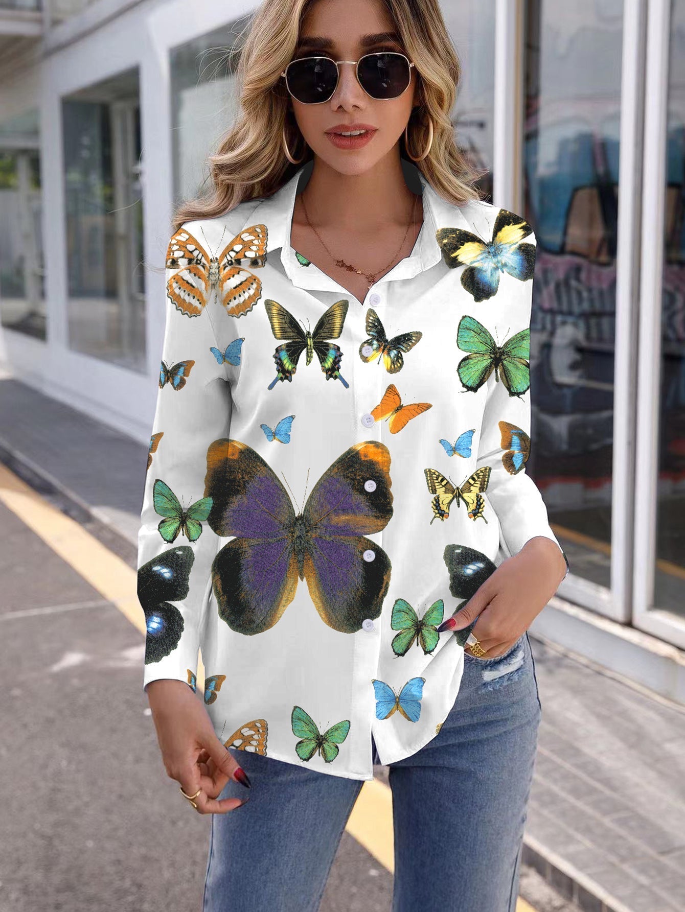 Butterfly Crane Print Button Up Blouse Sai Feel