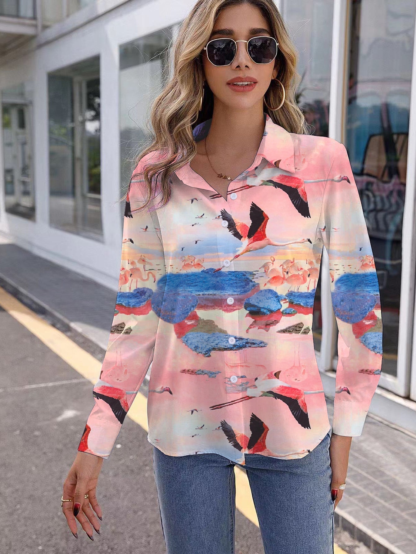 Butterfly Crane Print Button Up Blouse Sai Feel