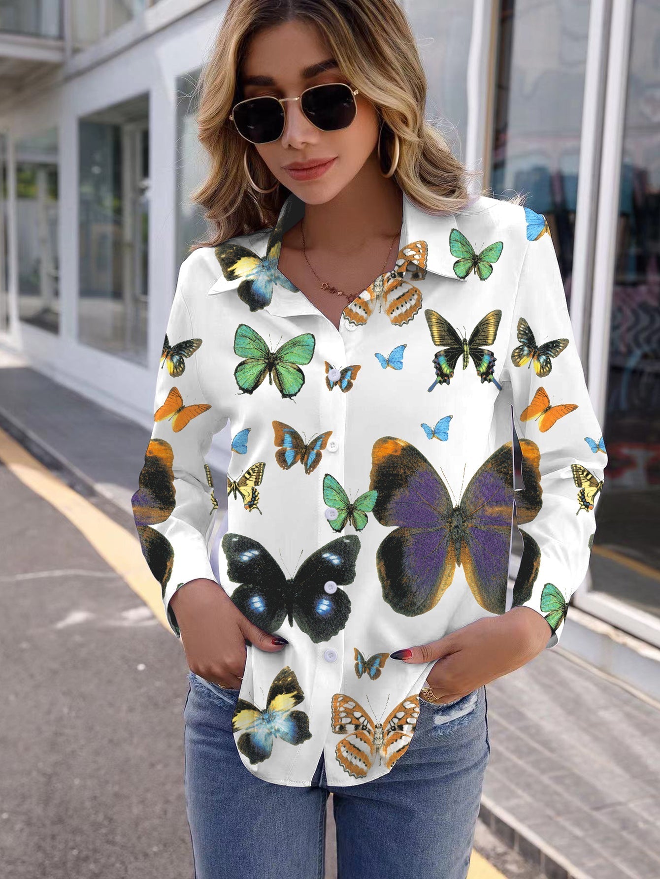 Butterfly Crane Print Button Up Blouse Sai Feel