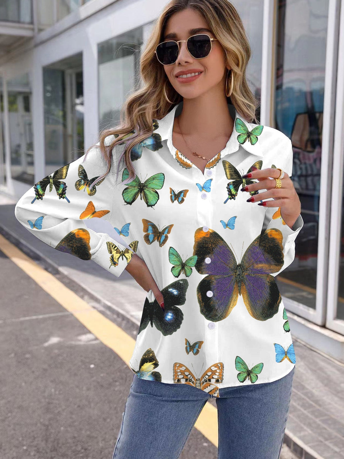 Butterfly Crane Print Button Up Blouse Sai Feel