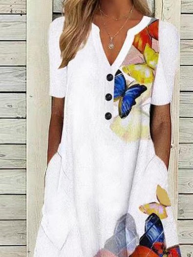 Butterfly Print V-Neck Button Short Sleeve Pocket Dress Sai Feel