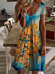 Butterfly Print V-Neck Short Sleeve Dress Sai Feel