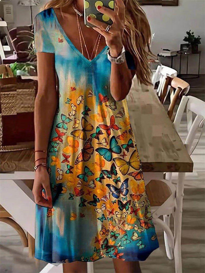 Butterfly Print V-Neck Short Sleeve Dress Sai Feel