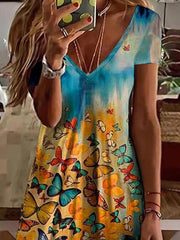 Butterfly Print V-Neck Short Sleeve Dress Sai Feel