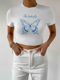 Butterfly and Letter Graphic Crop Tee Sai Feel