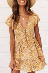 Button Above Knee Short Sleeve V-Neck Floral Women's Dress Sai Feel