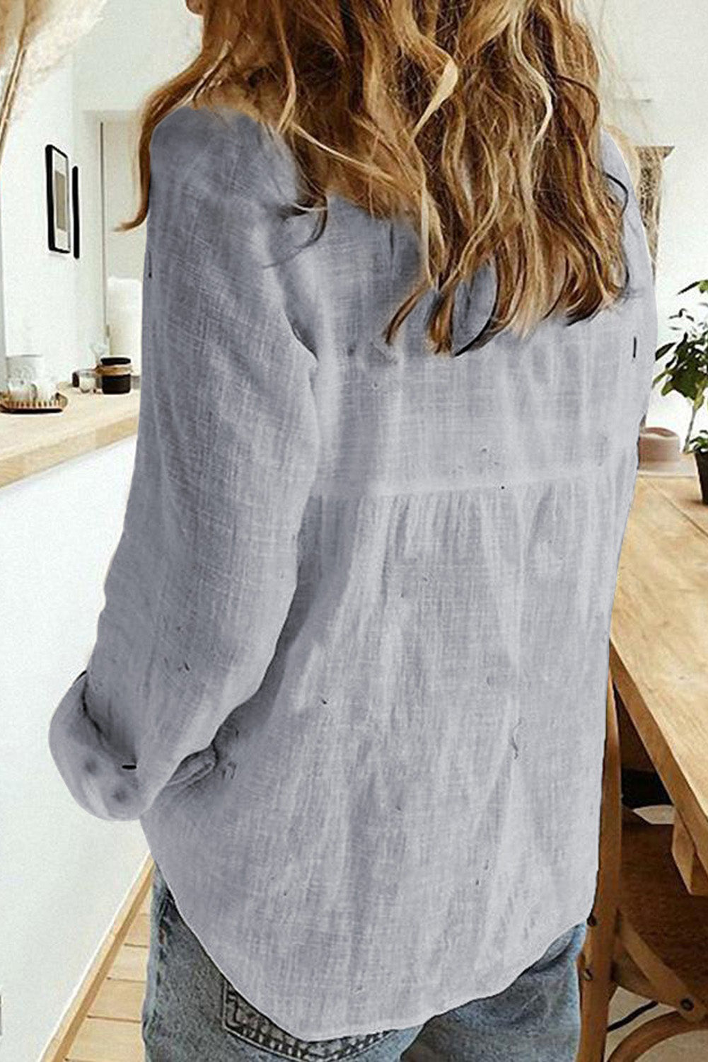 Button Down Shirt Long Sleeve Loose Lightweight Solid Color Blouse Top Sai Feel