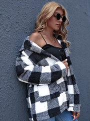 Button From Drop Shoulder Gingham Teddy Coat Sai Feel