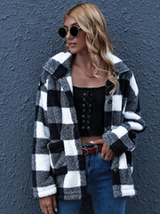 Button From Drop Shoulder Gingham Teddy Coat Sai Feel