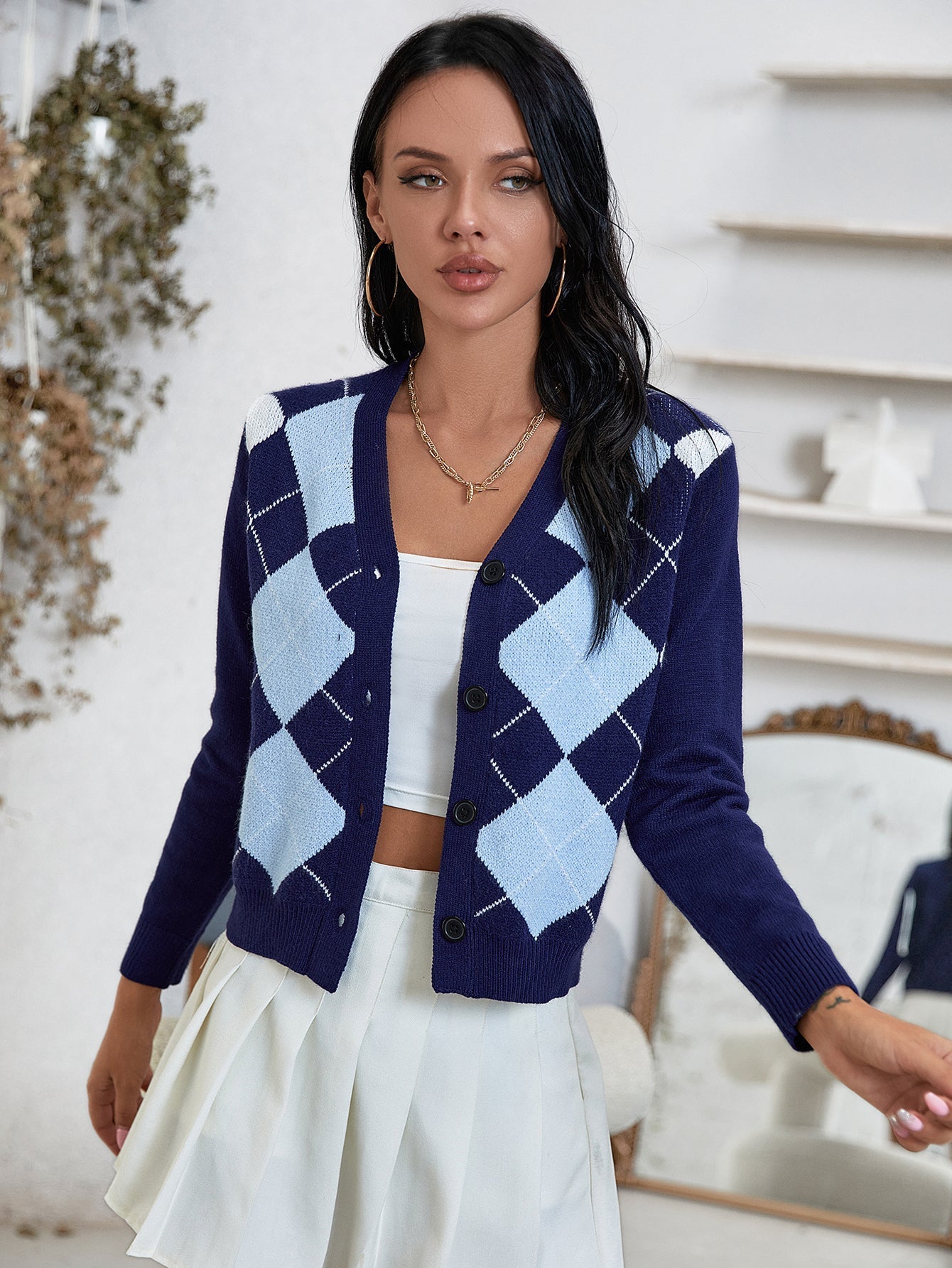 Button Front Argyle Cardigan Sai Feel