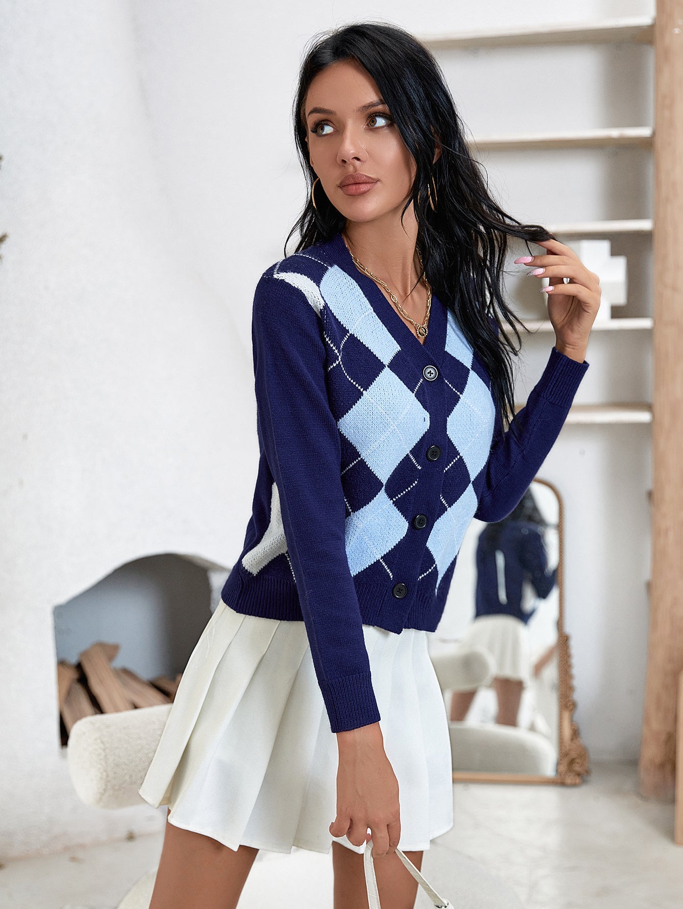 Button Front Argyle Cardigan Sai Feel