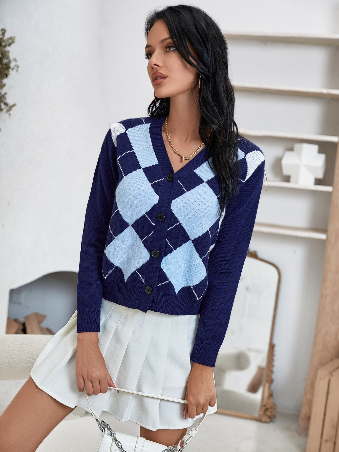 Button Front Argyle Cardigan Sai Feel