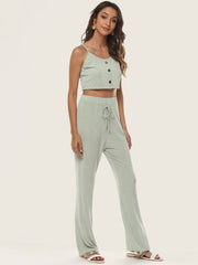 Button Front Cami Crop Top & Flare Leg Pants Set Sai Feel