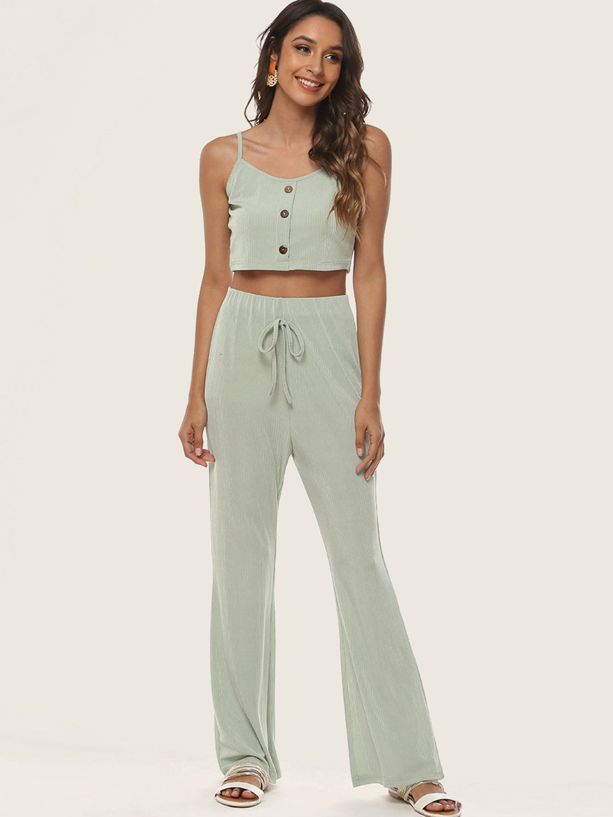 Button Front Cami Crop Top & Flare Leg Pants Set Sai Feel