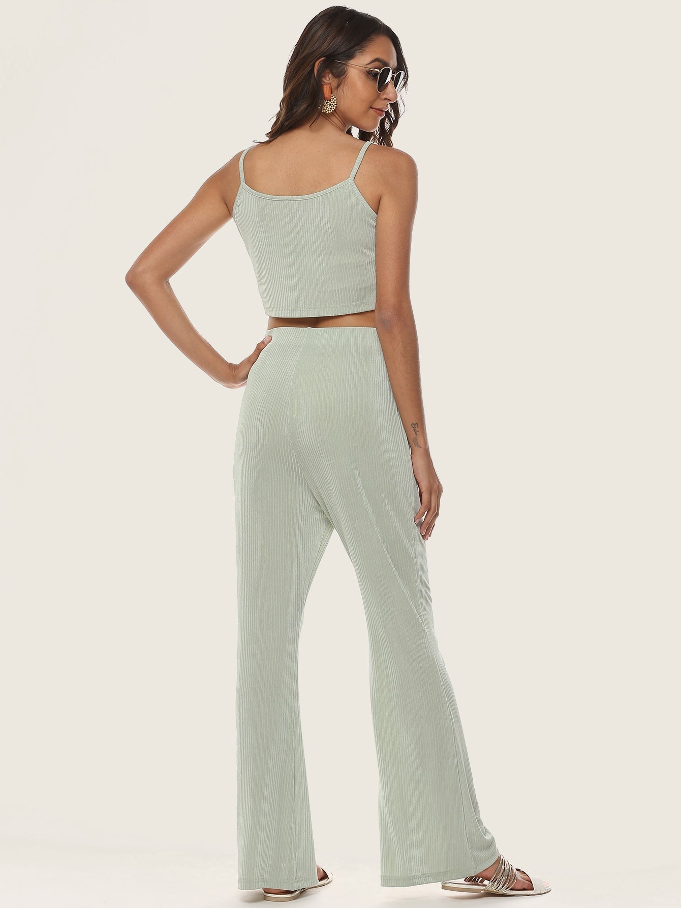 Button Front Cami Crop Top & Flare Leg Pants Set Sai Feel