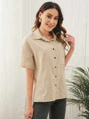 Button Front Patch Pocket Striped Top Sai Feel