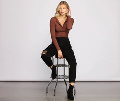 Button-Front Ribbed Knit Henley Top Sai Feel