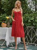 Button Front Shirred Back Pocket Cami Dress Sai Feel