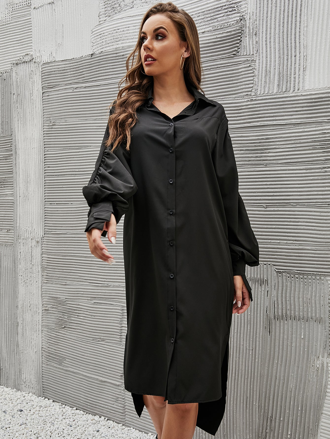 Button Through Flap Detail Split Hem Shirt Dress Sai Feel