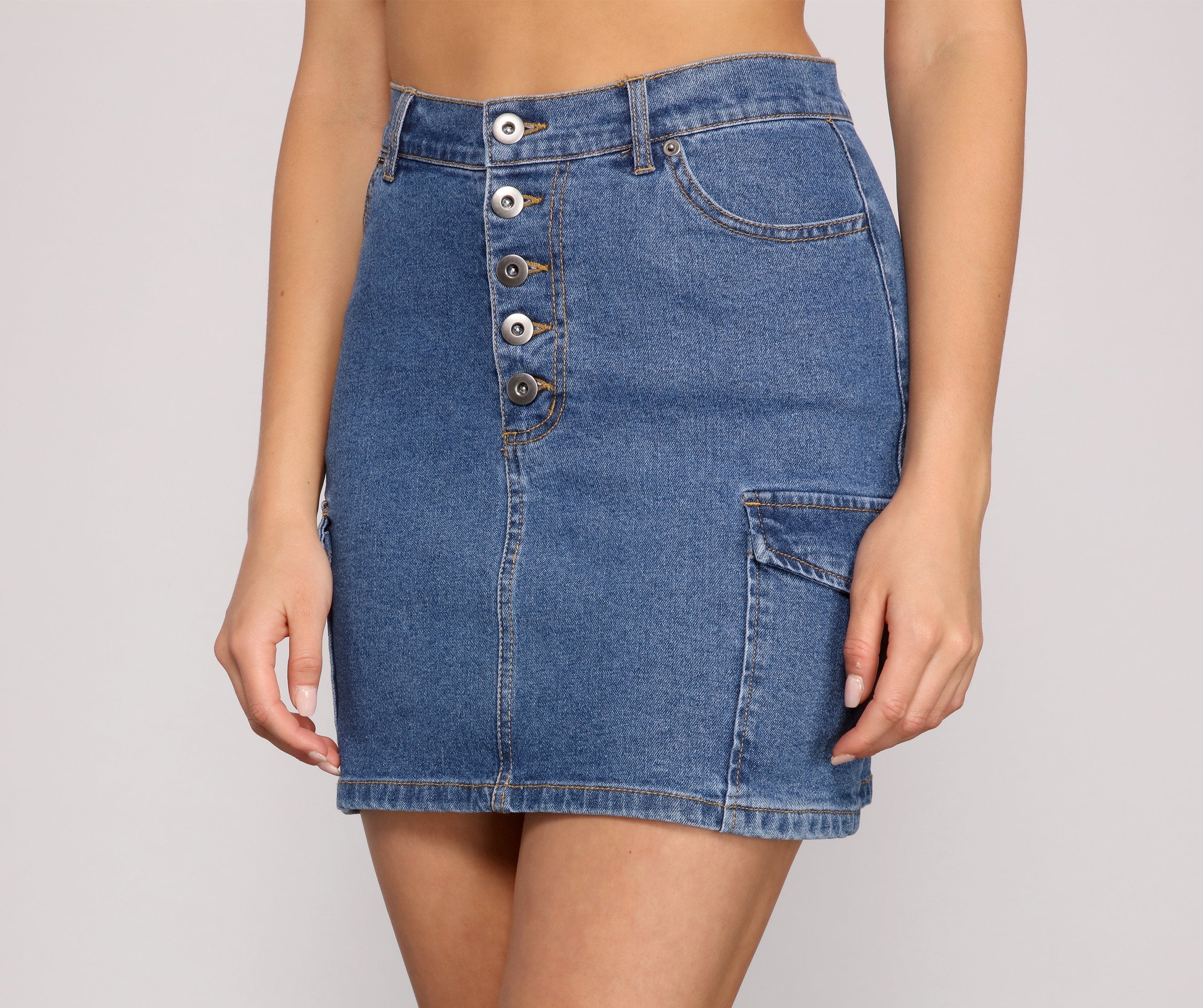 Button Up Cargo Denim Mini Skirt Sai Feel