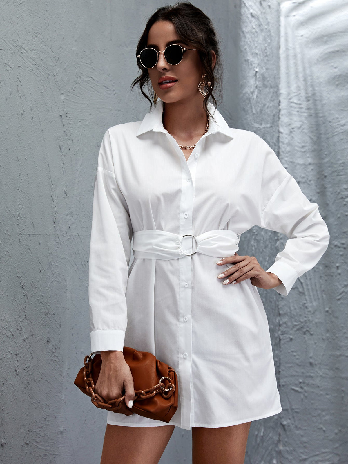 Button Up Shirt Dress With O-Ring Belt Sai Feel