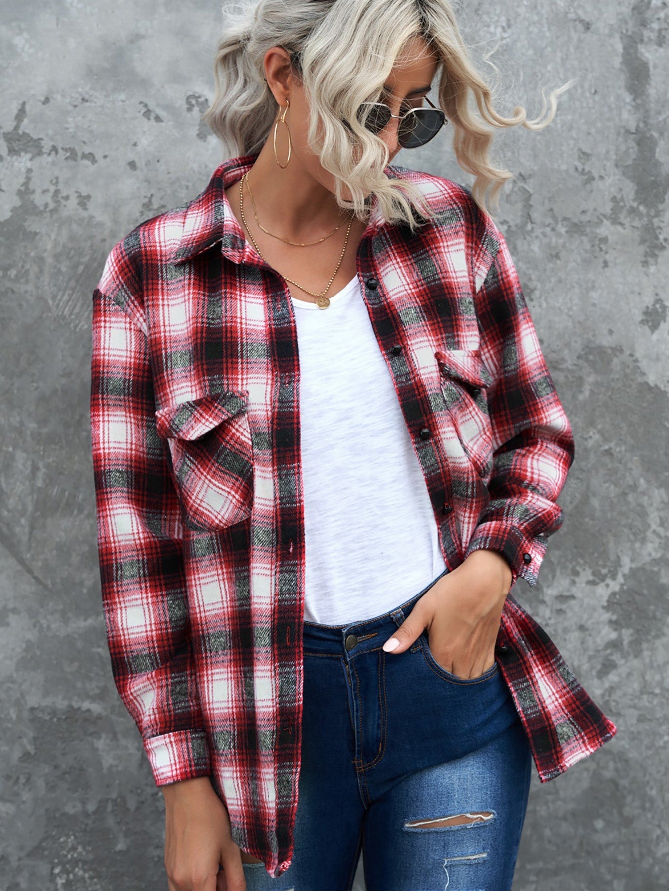 Buttons Pocketed Plaid Shacket Sai Feel