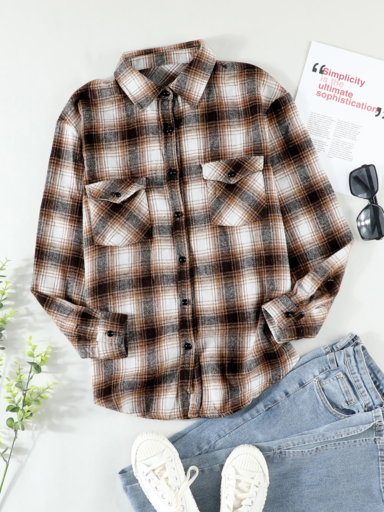 Buttons Pocketed Plaid Shacket Sai Feel