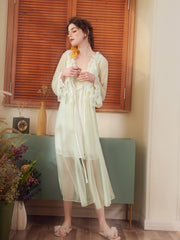 CONTRAST LACE SHEER MESH BELTED ROBE Sai Feel