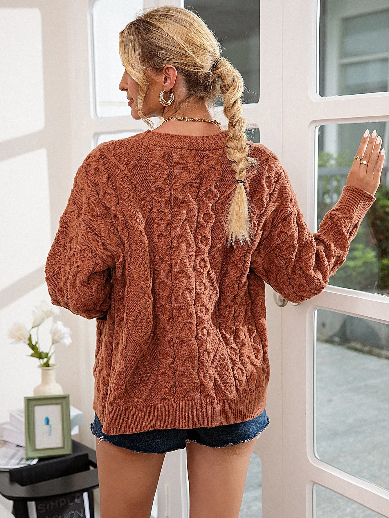 Cable Button Front Cardigan with Dual Pockets Sai Feel