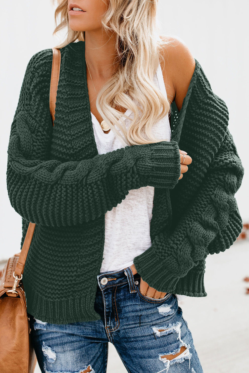 Cable Knit Cropped Cardigan Chunky Knit Loose Fitting Sweater Coat Solid Color Tops Sai Feel