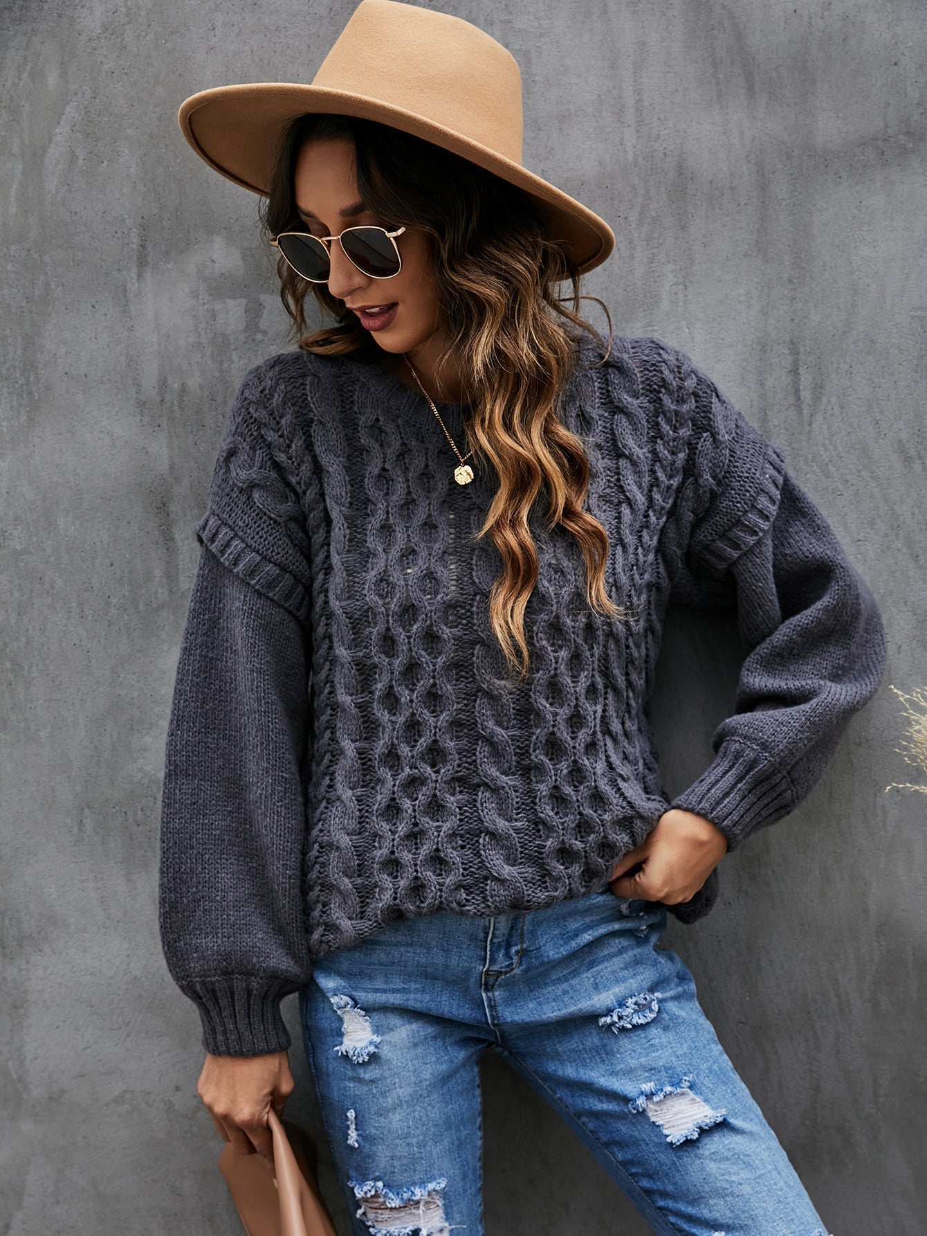 Cable Knit Drop Shoulder Sweater Sai Feel