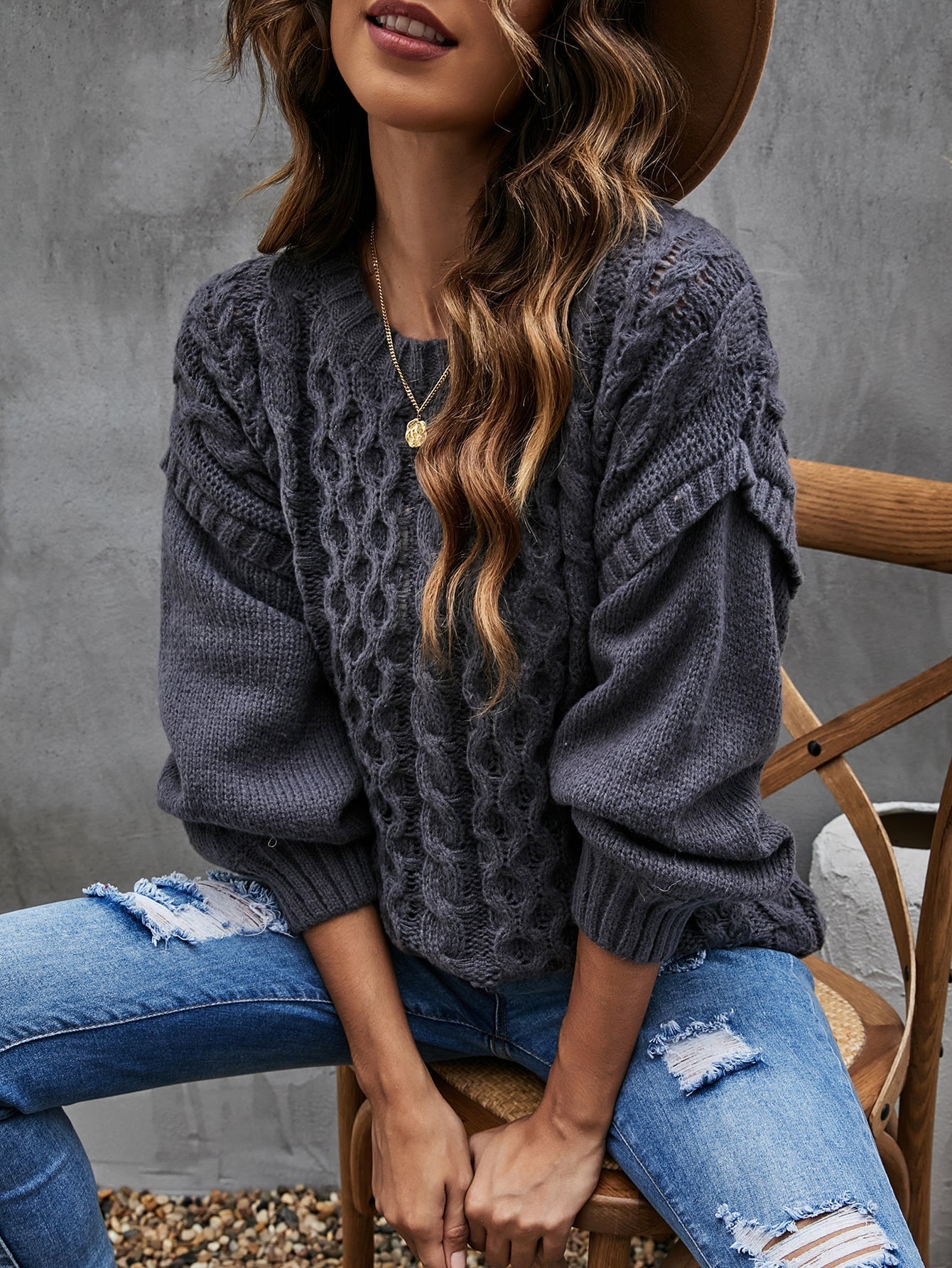 Cable Knit Drop Shoulder Sweater Sai Feel