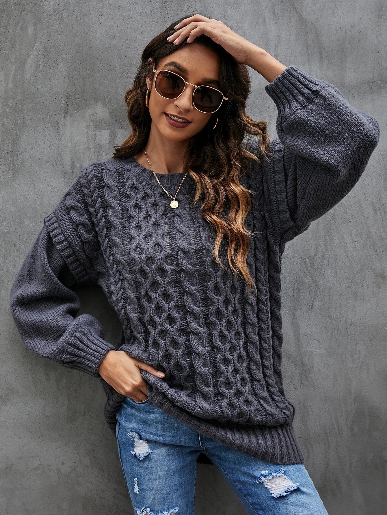 Cable Knit Drop Shoulder Sweater Sai Feel