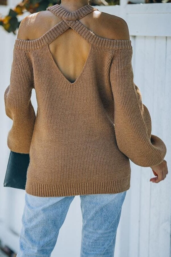 Camel Brown Malia Cold Shoulder Knit Sweater Sai Feel