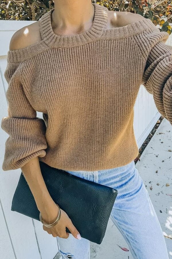 Camel Brown Malia Cold Shoulder Knit Sweater Sai Feel