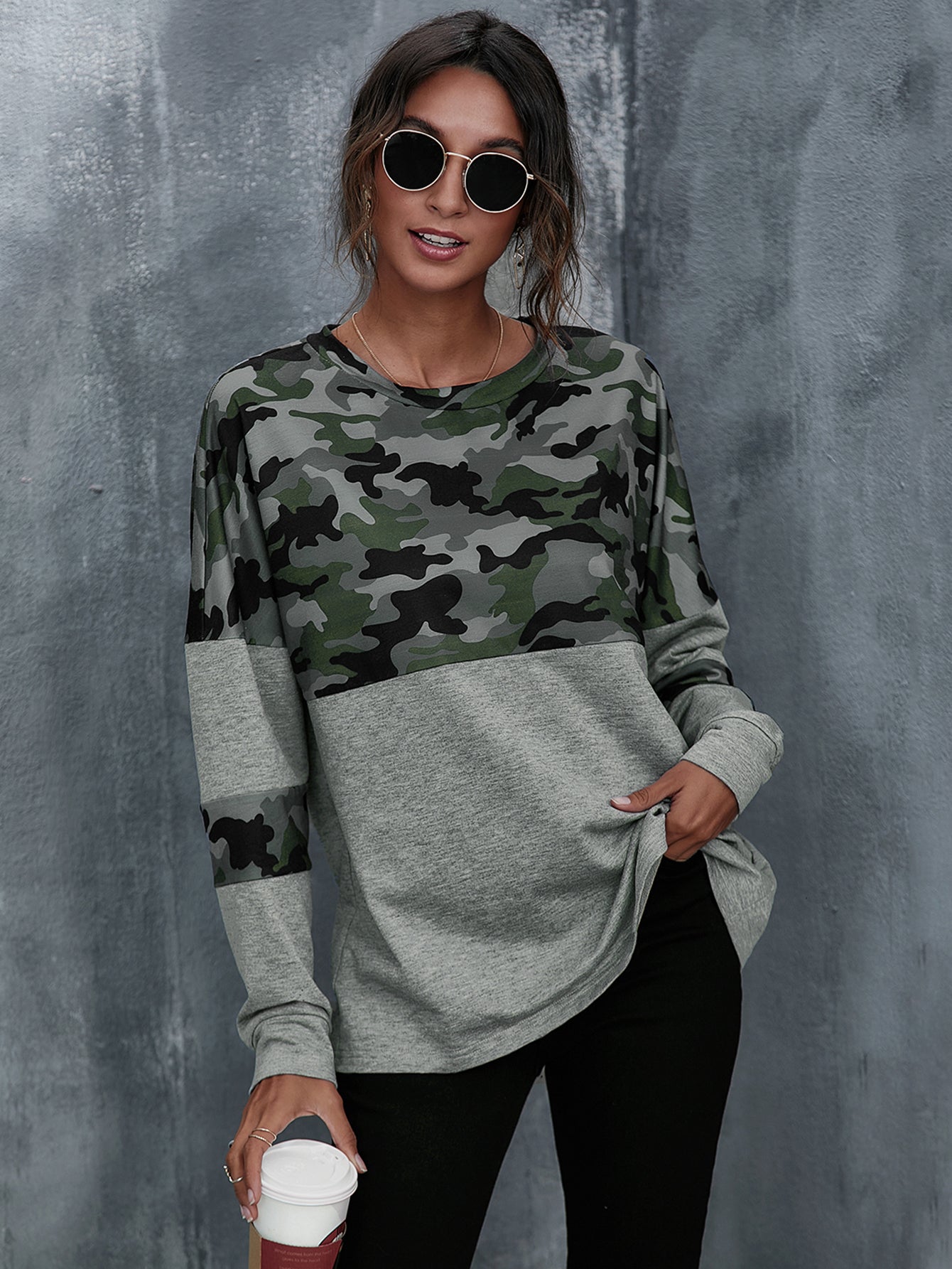 Camo Print Off Shoulder Pullover Sai Feel