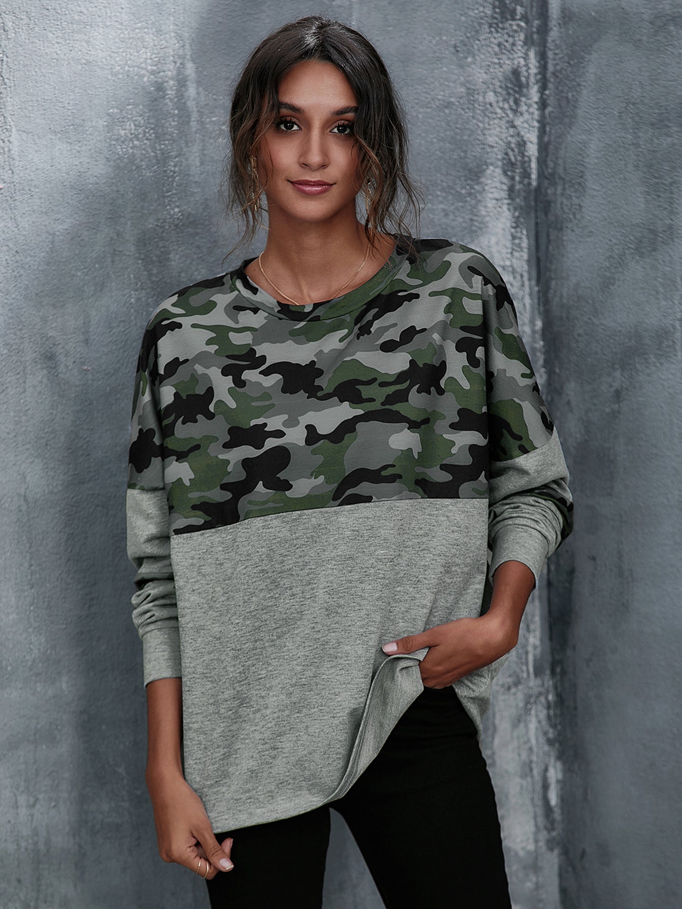 Camo Print Off Shoulder Pullover Sai Feel